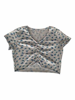 ROMWE Crop Top Women’s Size L White Blue Floral Ruched Short Sleeves V-Neck